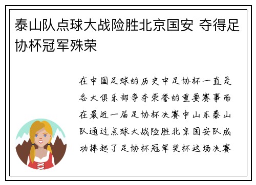 泰山队点球大战险胜北京国安 夺得足协杯冠军殊荣