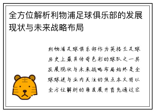 全方位解析利物浦足球俱乐部的发展现状与未来战略布局